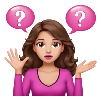 girl with long wavy brown hair, brown eyes, long lashes makeup, sexy pink lips, light to medium complexion, pink sexy top, two hands up, shrugging, confused question mark bubble sign sticker