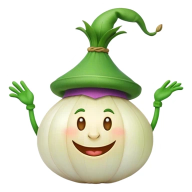 A cheerful, mischievous onion character with a big smile, wearing a green hat and a playful expression, set against a simple, colorful background. sticker