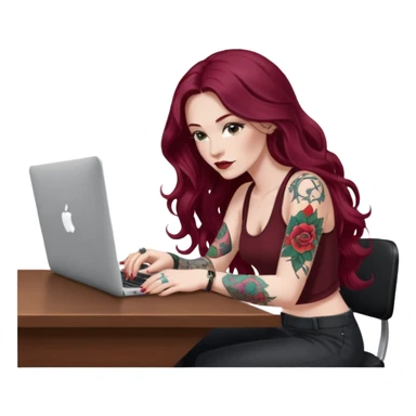 Realistic Macbook pro, side view of female, long burgundy wavy hair, pale skin, with tattoos, graphic designer, sitting at work desk with MacBook open, still view, sticker