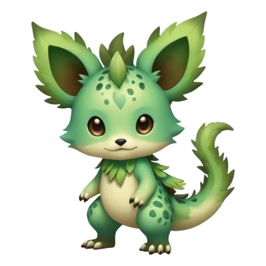 Pastel warm mossy floral elemental fantasy colorful-green-brown-gradient anime-styled edgy cool badass cute random Fakémon-creature, with random markings, full body sticker