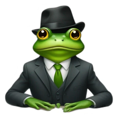 A frog wearing a suit looking straight sitting on a table and wearing a hat sticker