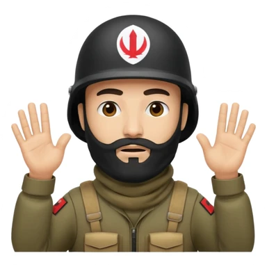 surrenders, depicts an Iraqi soldier from 1980, with a beard, in a helmet, with a balaclava, with a sad face and raised hands sticker