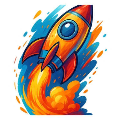 colorful rocket ship blasting off, vibrant and dynamic, general style sticker