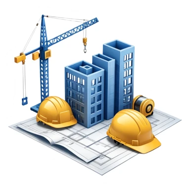 An icon featuring a blueprint, a hard hat, and a measuring tape, symbolizing architecture and construction. The design includes a building silhouette, cranes, and construction tools, representing the planning, design, and building processes. Transparent background. sticker