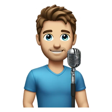 a handsome guy with brown hair and blue eyes with a microphone in his hand sticker