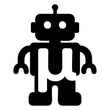 solid filled icon of a blue lowercase mu symbol with a toy-styled robot behind it sticker