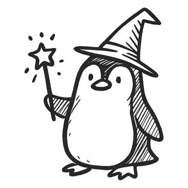 A penguin wizard with a pointy hat and a magic wand sticker