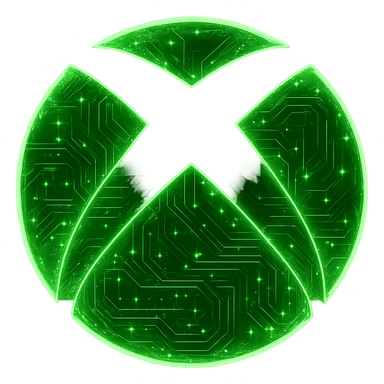 Transform the Xbox logo into a cyberpunk, holographic style with glowing neon green edges and intricate circuit patterns throughout the entire icon. Maintain the recognizable Xbox shape and keep the main color green, overlaying neon and circuit effects in a futuristic, clean cyberpunk style with consistent glow and detailed circuits. The background should be transparent. sticker