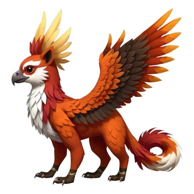 4-legged realistic digitigrade scaly winged long-big-beaked Gryphon-Griffin-Griffsnuff-Talonflame-Silvally-Braviary-Red-Panda-fusion-hybrid-animal-Fakémon-creature, full body, with a long thin tufted lion-tail, long big tufted winged feathery ears sticker