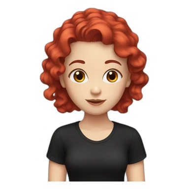 a white girl with red short wavy hair in a black T-shirt sticker