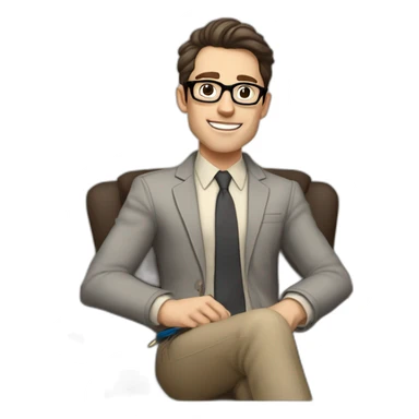 Pale skinned Fit Man With dark brown hair in gray jacket, beige office shirt, Brown pants and vintage glasses sitting In a soft chair with a notebook on spring with emblem Ψ and a pen sticker