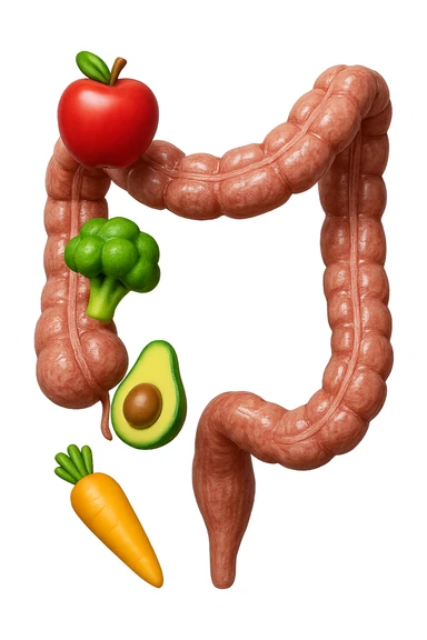 emoji stile iphone in 3d di cibo sano che fluttua in aria vericalmente insieme a pezzi di colon umano anatomico, iperrealistico 4k sticker