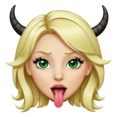 Emoji femme blonde habillée en noir cheveux blond, yeux vert avec de long cils noir qui tire la langue et à des cornes  sticker