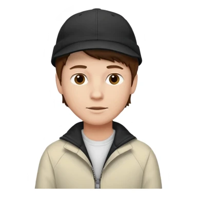 Créame a un chico blanco con gorra negra con el pelo castaño y qué tenga una chaqueta blanca sticker