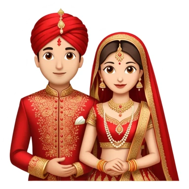 Indian married couple in traditional wedding attire, bride in red and gold wedding lehenga or saree, groom in sherwani, both with fair skin, groom is clean shaven sticker