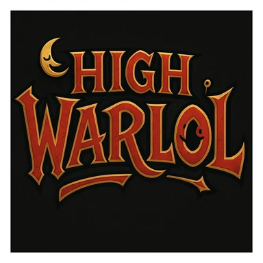 stylized World of Warcraft title design for 'High Warlol', gothic fantasy fonts, Horde color palette red black gold, subtle comic elements emphasizing playful twist on 'Warlord' sticker