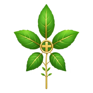 "A clean, friendly emoji of three vibrant green Tulsi (Holy Basil) leaves centered over a small, glowing golden cross or 'plus' sign, symbolizing healing. Simple, flat, 32x32 pixel icon style. Transparent background. Icon for natural healing and wellness." sticker