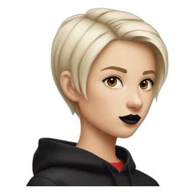 Tiny White girl lightly tanned with very short black dye haircut black eyes and black hair wearing black messa hoodie like alyx Vance and red lipstick  sticker
