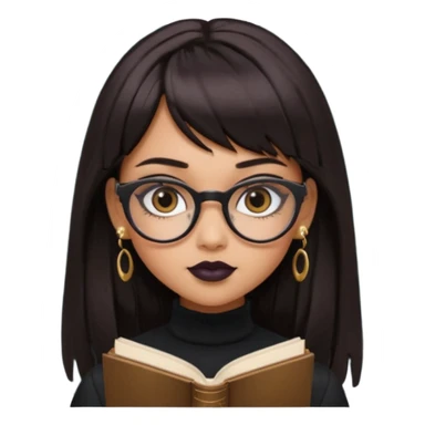 generate a pretty bratz girl with black small square spectacles, dark lipstick, gold stud earrings, black turtleneck , books in hand, dark brown straight long hair with bangs, eyeliner on,  sticker