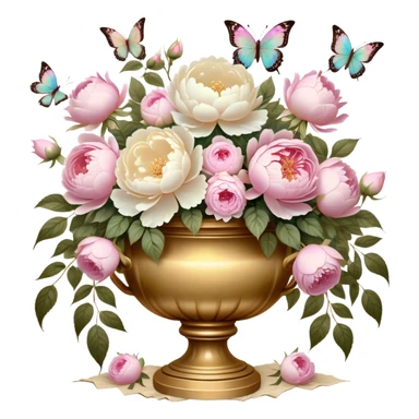 An antique-inspired floral arrangement in an opulent golden urn, overflowing with soft pink roses and voluminous white peonies, with iridescent pearl butterflies delicately fluttering around the petals, set against an aged parchment background. sticker