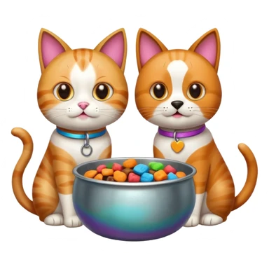 a cat and a dog eating treats from a bowl sticker