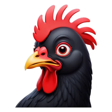 Cinematic Comical Black Chicken Portrait Emoji, Head tilted dramatically with an exaggeratedly amused expression, featuring a sleek, glossy black plumage with a bold red comb, wide, expressive beady eyes filled with playful disbelief, Simplified yet hilariously expressive features, highly detailed, glowing with a slightly sassy glow, high shine, dramatic yet playful, stylized with an air of cheeky mischief, bright and endearing, soft glowing outline, capturing the essence of a spirited and over-the-top chicken, so meme-worthy it feels like it could cluck its way into internet fame instantly! sticker