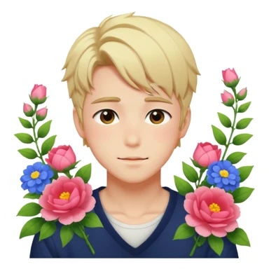 Gorgeous bright sparkly romantic anime style guy with blushing face and flowers aesthetic trending style outside sticker