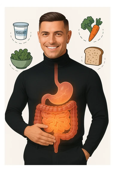 a fit, smiling man stands confidently with one hand on his abdomen. A transparent overlay reveals a healthy, detailed digestive tract with a glowing, vibrant intestine. Around him, icons of healthy foods like yogurt, vegetables, and whole grains float, symbolizing good gut health. The background is clean and bright, with an educational mood. sticker