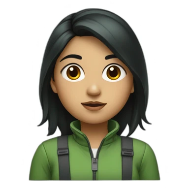 South Asian girl who wears green jacket and has a black hair, with a tiny black mark on her right cheek, closer to nose sticker