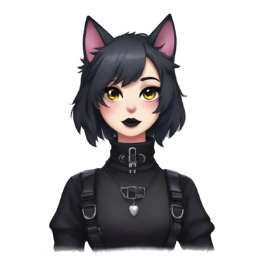 Gorgeous furry gothic dark techwear anime style anthro black cat fursona with blushing face aesthetic and pretty edgy black with collar and harness trending style sticker