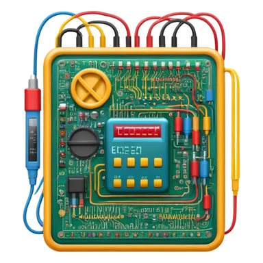An icon featuring circuit boards, glowing wires, and a multimeter, symbolizing electrical engineering. The design includes voltage symbols and electric currents flowing through components, representing the study and application of electricity. Transparent background sticker