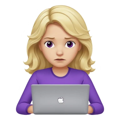 lady with long blonde wavy hair, purple top throwing her with a laptop looking defeated sticker