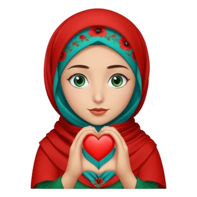 Turkish beautiful finish Konya girl blue eyes with poppy floral hijab and green red dress and she make heart with hands sticker
