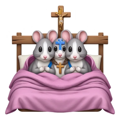 2 rats cuddled together in bed with a crucifix sticker