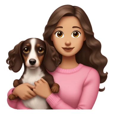  white girl with dark brown long wavy hair in a pink sweater holds a dark brown and cream dachshund long-haired puppy in her arms sticker