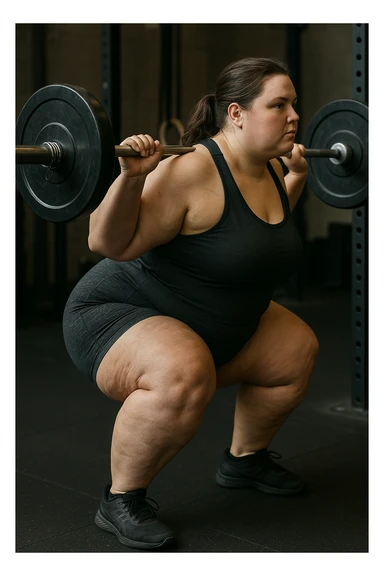 donna grassa con lipedema alle gambe che fa uno squat di profilo con bilanciere, IPERREALISTICA 4K sticker