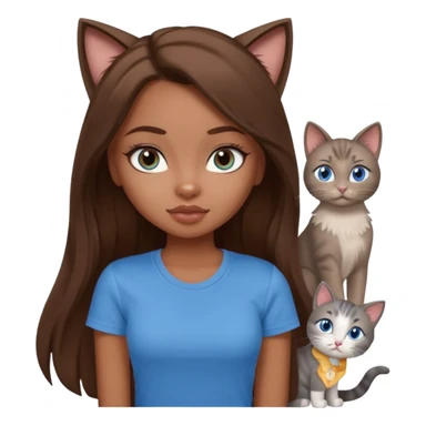a pretty bratz dusky girl with long brown hair, blue eyes with six cats nd wearing a grey tshirt sticker