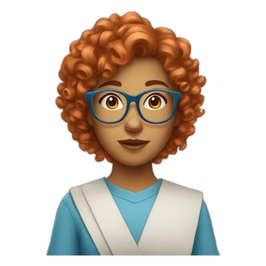 pretty girl with curly copper hair and blue glasses holding a big banner sticker