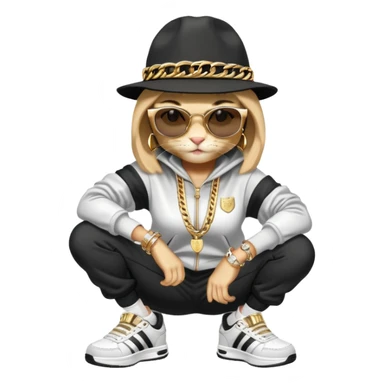 female cat wearing Run DMC hip-hop outfit with tracksuit, fedora, Adidas sneakers, dark sunglasses, many gold chains, rings, bracelets, flashy earrings, fallen down sticker