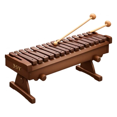 Create a detailed and professional emoji representing a Fleet FLT-SX37 orchestral long wooden xylophone. The design should showcase the large, wooden bars of the xylophone arranged in a traditional layout, with a polished, smooth finish. The bars should be dark brown or mahogany, with soft metallic reflections on the resonators underneath. Include two mallets with rubber or wooden heads resting on the bars, emphasizing their role in striking the notes. The xylophone should have a sophisticated and professional appearance, with clean lines and a polished look. Add subtle musical notes or sound waves to represent the vibrant sound produced by the instrument. The background should be transparent. sticker