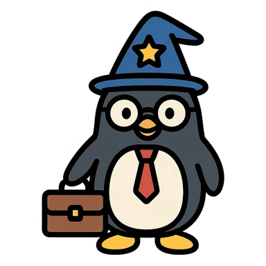 penguin dressed as a wizard, holding a briefcase and wearing glasses, confident business-like expression, modern clean icon style for venture capitalist brand sticker