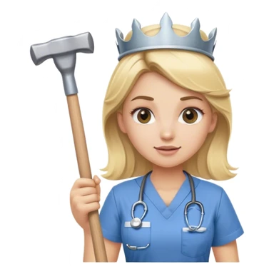 blond nurse girl wearing scrubs with a crown and a sledge hammer sticker