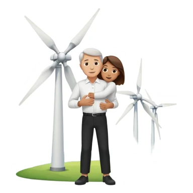 an older white man with brown hair and a white shirt and black pants hugging a wind turbine sticker