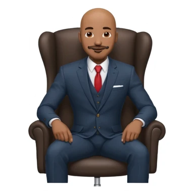 Black man, bald, in a suit, sitting on a chair in the office, goatee mustache sticker