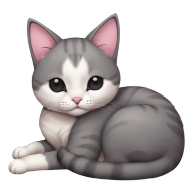 dark grey and white small cat with eyes closed, leaning his head on his paw while leaning on his elbow lying down sticker