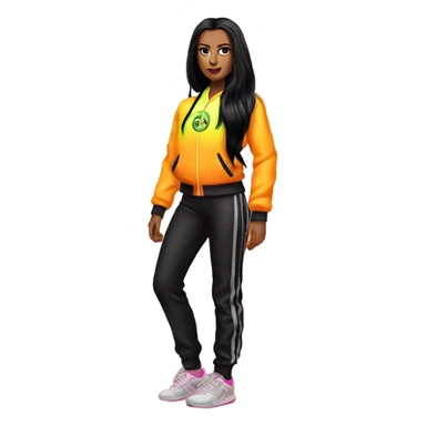 Tanned woman with long black hair, dressed in y2k  hair, makeup, and neon velvet tracksuit attire sticker