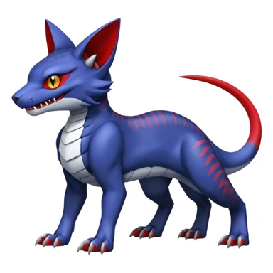 midnight blue-gray-black, with red markings, white belly, scaley Bastet-Noibat-Gatomon-Garchomp-Digimon-Fakémon-Pokémon-creature (full body) sticker