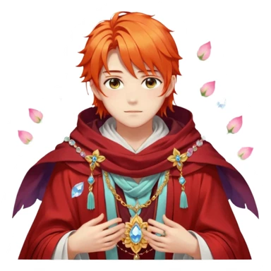 Beautiful gorgeous anime boy with beautiful fiery-special-medium-long-hair, fashion aesthetic, ethereal, fairycore, pastelcore, flower petals, crystals, layered robes, toga, cloak scarf, accessories, jewelries, gold, colorful sticker