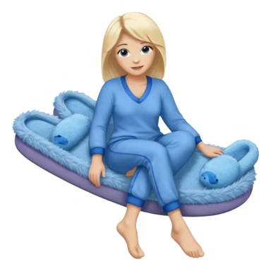 blonde woman wearing comfy lounging outfit, blue fuzzy slippers on her bare feet sticker