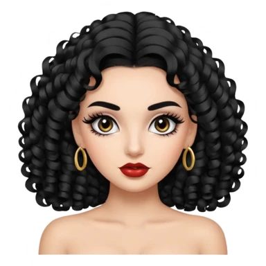 generate the emoji of a girl with fair skin, black hair, bombshell curls, black eyes, long false eyelashes, black eyebrows, latina makeup sticker